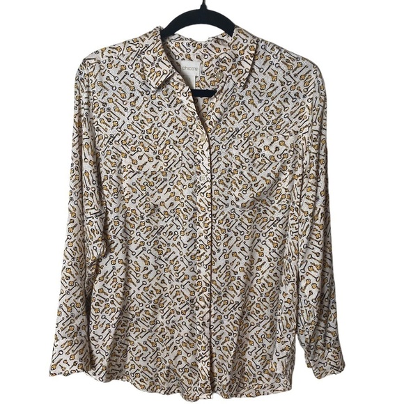 Chico's Keys Novelty Print Button Shirt Top Blouse - Picture 4 of 8